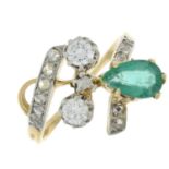 An emerald and vari-cut diamond dress ring.Emerald calculated weight 0.64ct,