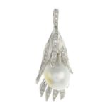 A cultured pearl and single-cut diamond pendant.Approximate pearl dimensions 18.5 by