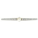 A cultured pearl and brilliant-cut diamond bar brooch.Estimated total diamond weight 1.15cts,