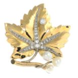 A natural pearl and vari-cut diamond leaf brooch.With report 17660,