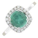 An 18ct gold cushion-shape emerald and brilliant-cut diamond cluster ring.Emerald weight