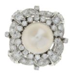 A cultured pearl and brilliant-cut diamond dress ring.AF.Cultured pearl measuring approximately