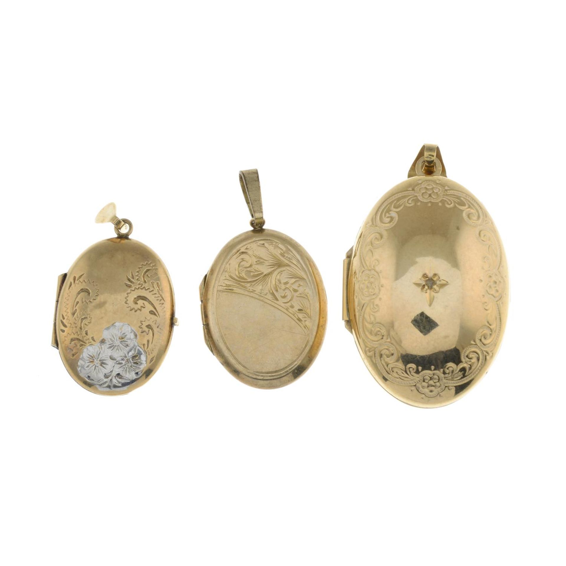 Three lockets.Two with hallmarks for 9ct gold, lengths 3.1 and 4.1cms, 6.7gms.