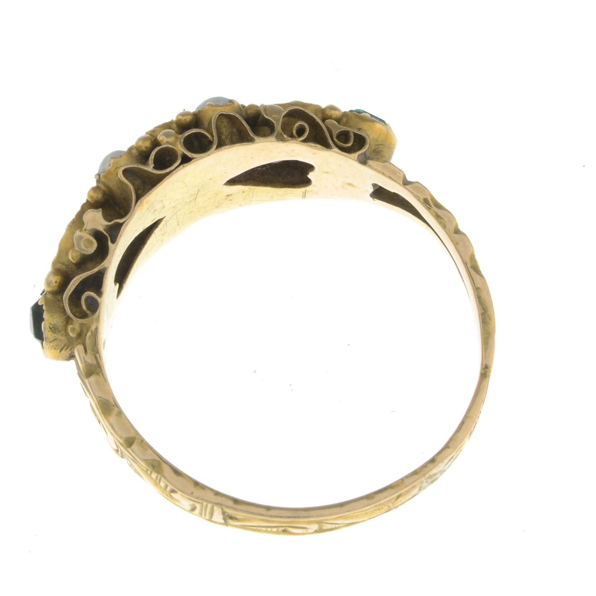 A mid Victorian 15ct gold garnet, split pearl and green paste ring.Stamped 15ct.Ring size K. - Image 2 of 2