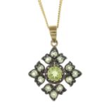 A peridot and green gem quatrefoil cluster pendant,