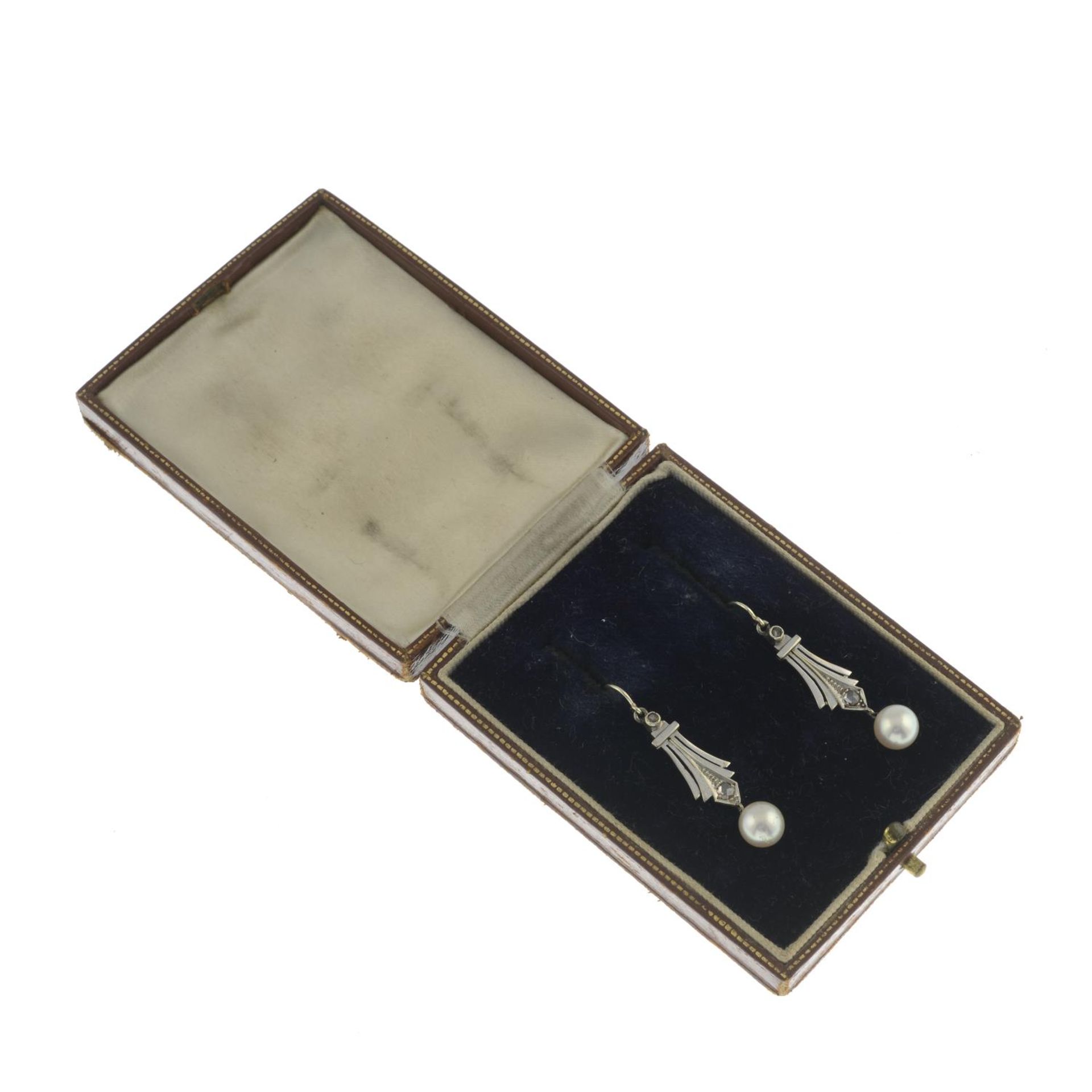 A pair of cultured pearl and rose-cut diamond drop earrings.Length 3.6cms. - Image 2 of 2