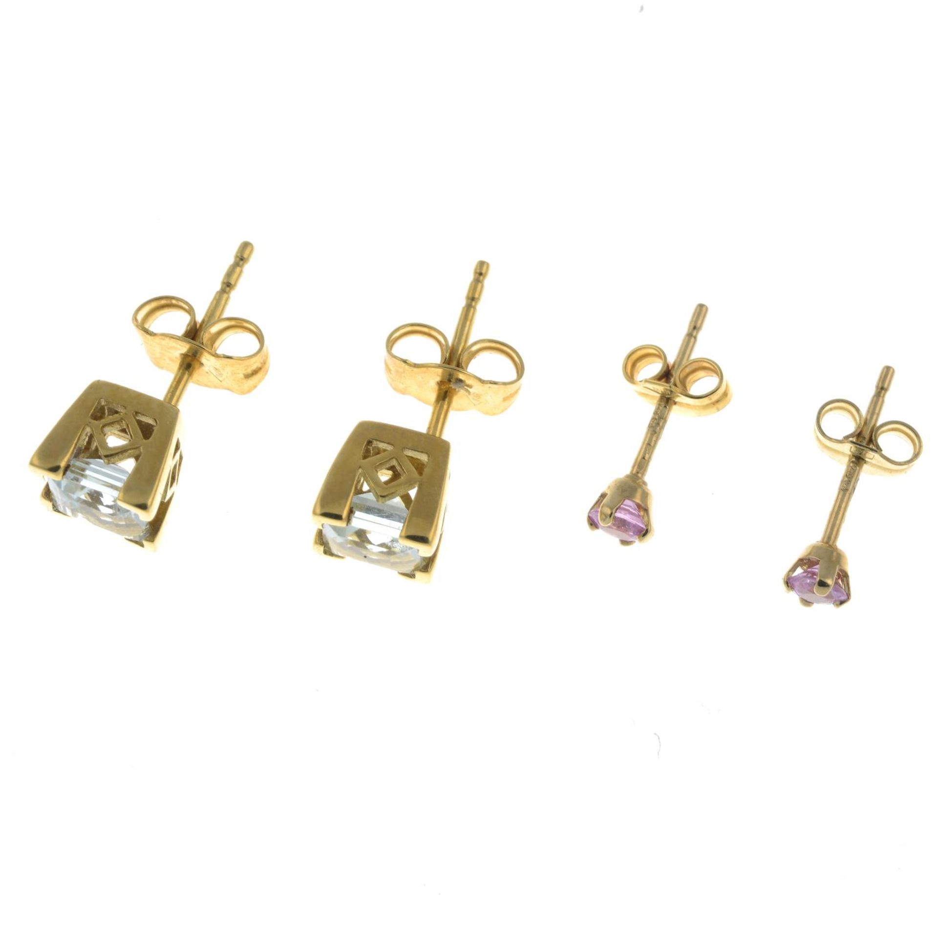 Pair of 18ct gold aquamarine earrings, - Image 2 of 2