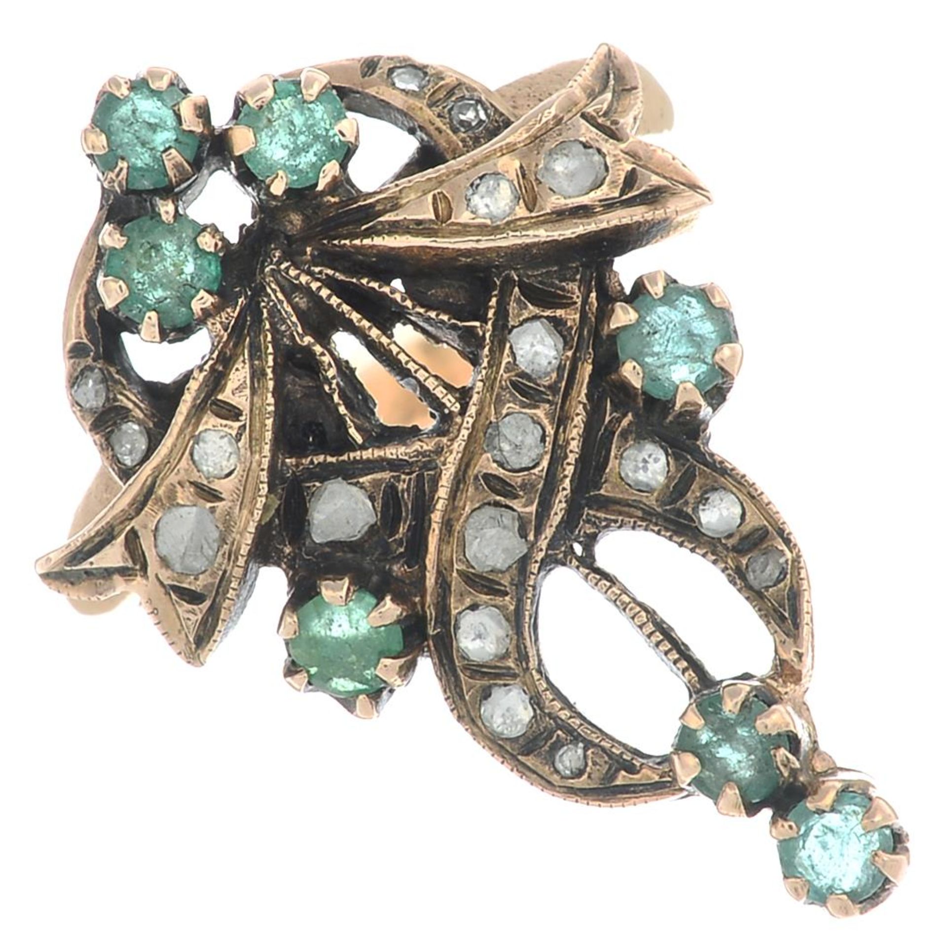 A circular-shape emerald and rose-cut diamond dress ring.Ring size N1/2.
