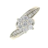 A 9ct gold diamond floral cluster ring.Total diamond weight 0.44ct,