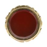 A late 19th century gold carnelian fob.Length 2.7cms.