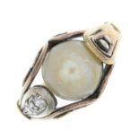 A cultured pearl and rose-cut diamond ring.Stamped 585.Ring size Q1/2.