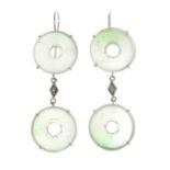A pair of jadeite bi drop earrings, each with rose-cut diamond spacer.
