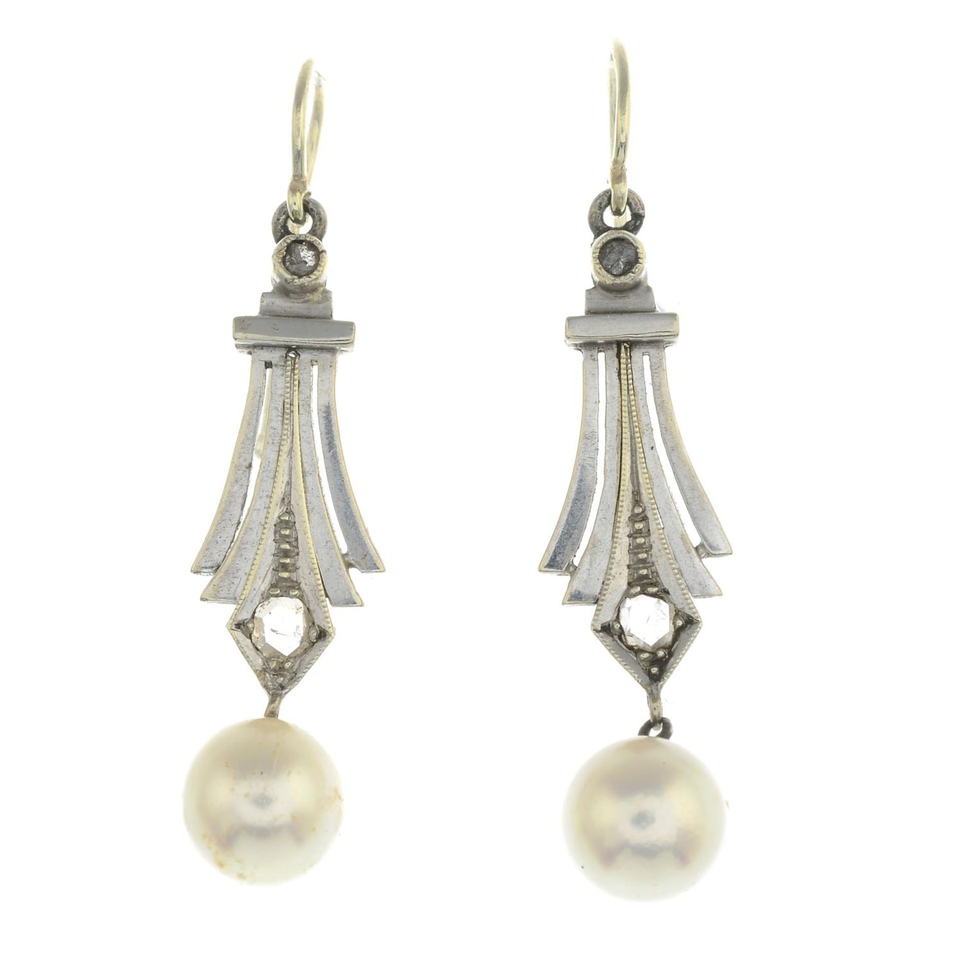 A pair of cultured pearl and rose-cut diamond drop earrings.Length 3.6cms.