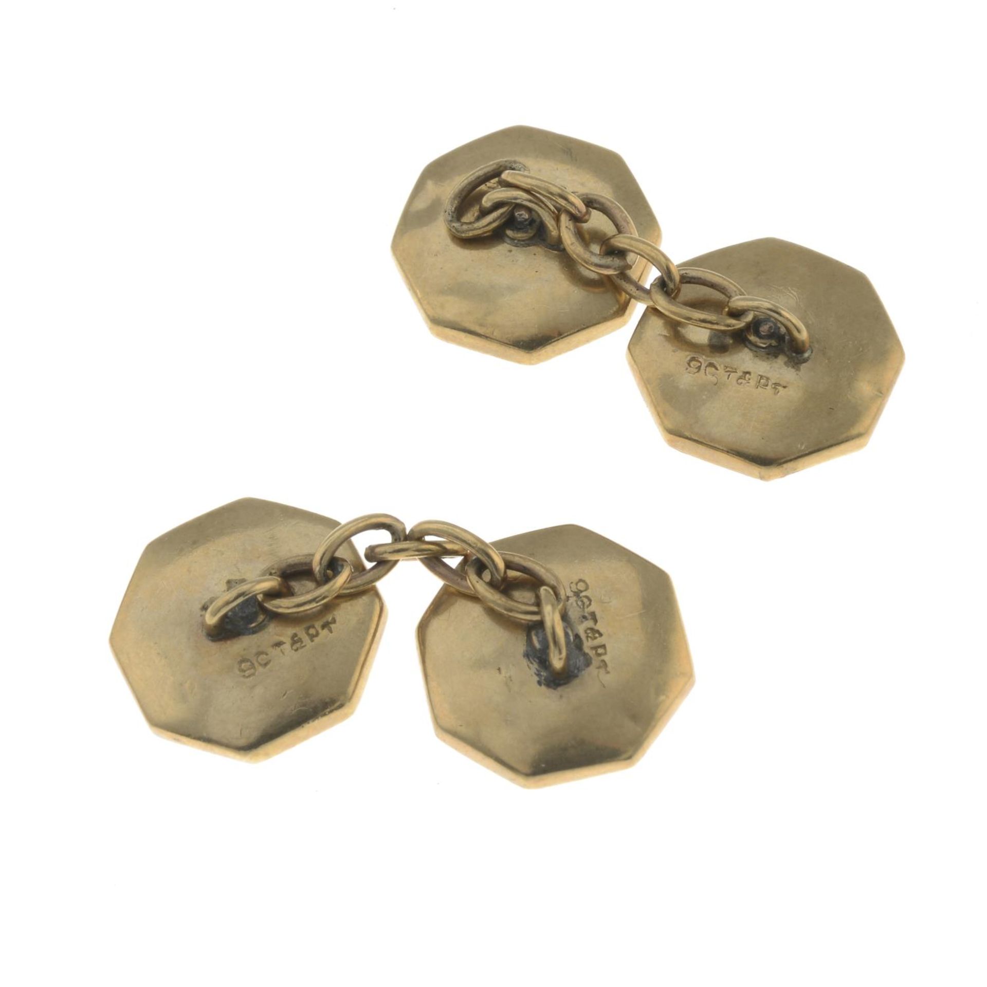 A pair of mid 20th century diamond and mother-of-pearl cufflinks.Estimated total diamond weight - Image 2 of 2