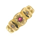 An Edwardian 18ct gold red paste and diamond three-stone ring.