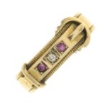 A late Victorian 18ct gold ruby and diamond buckle ring.Hallmarks for Birmingham,