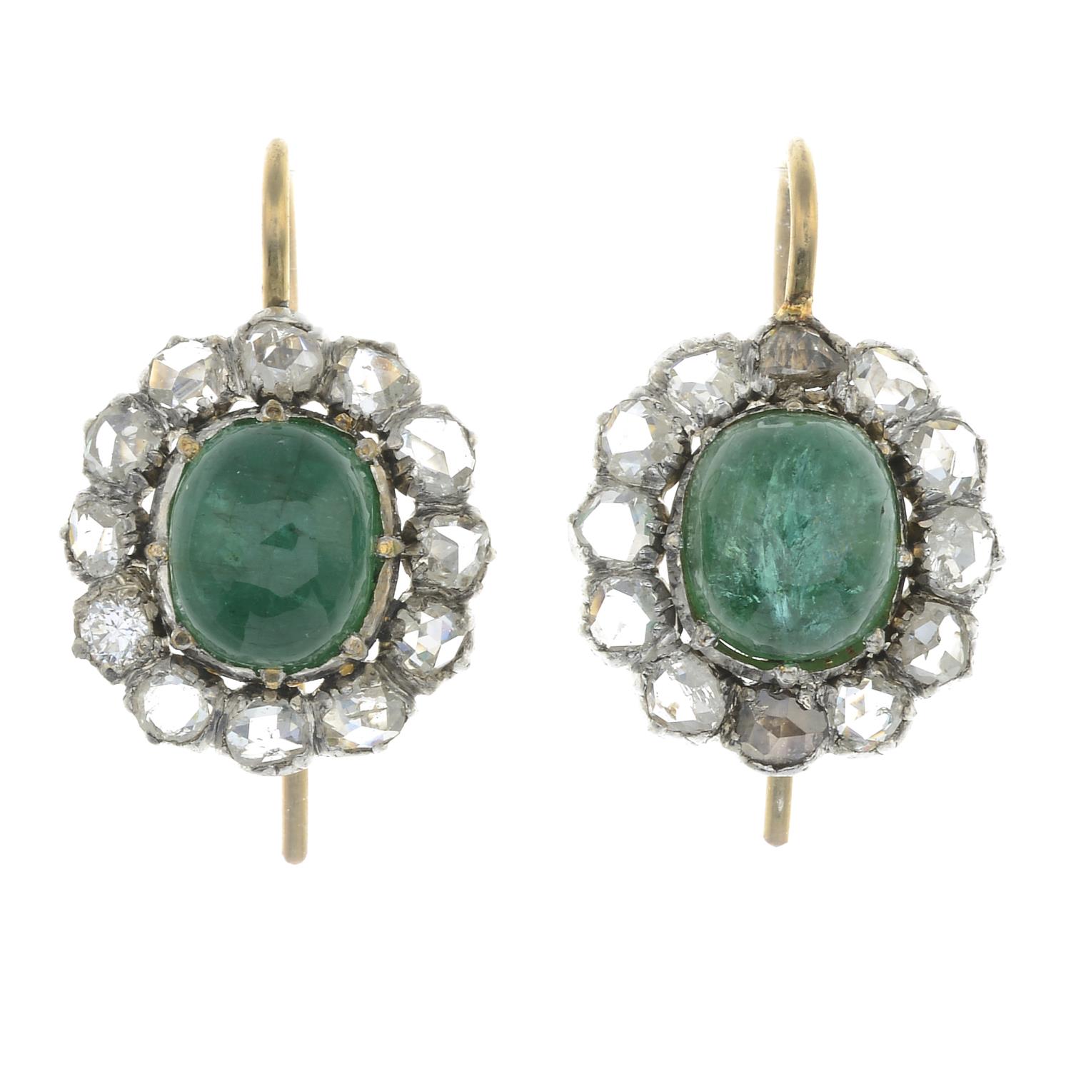 A pair of emerald and rose-cut diamond earrings.Length 2cms.