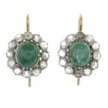 A pair of emerald and rose-cut diamond earrings.Length 2cms.