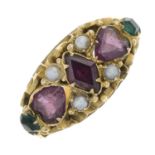 A mid Victorian 15ct gold garnet, split pearl and green paste ring.Stamped 15ct.Ring size K.