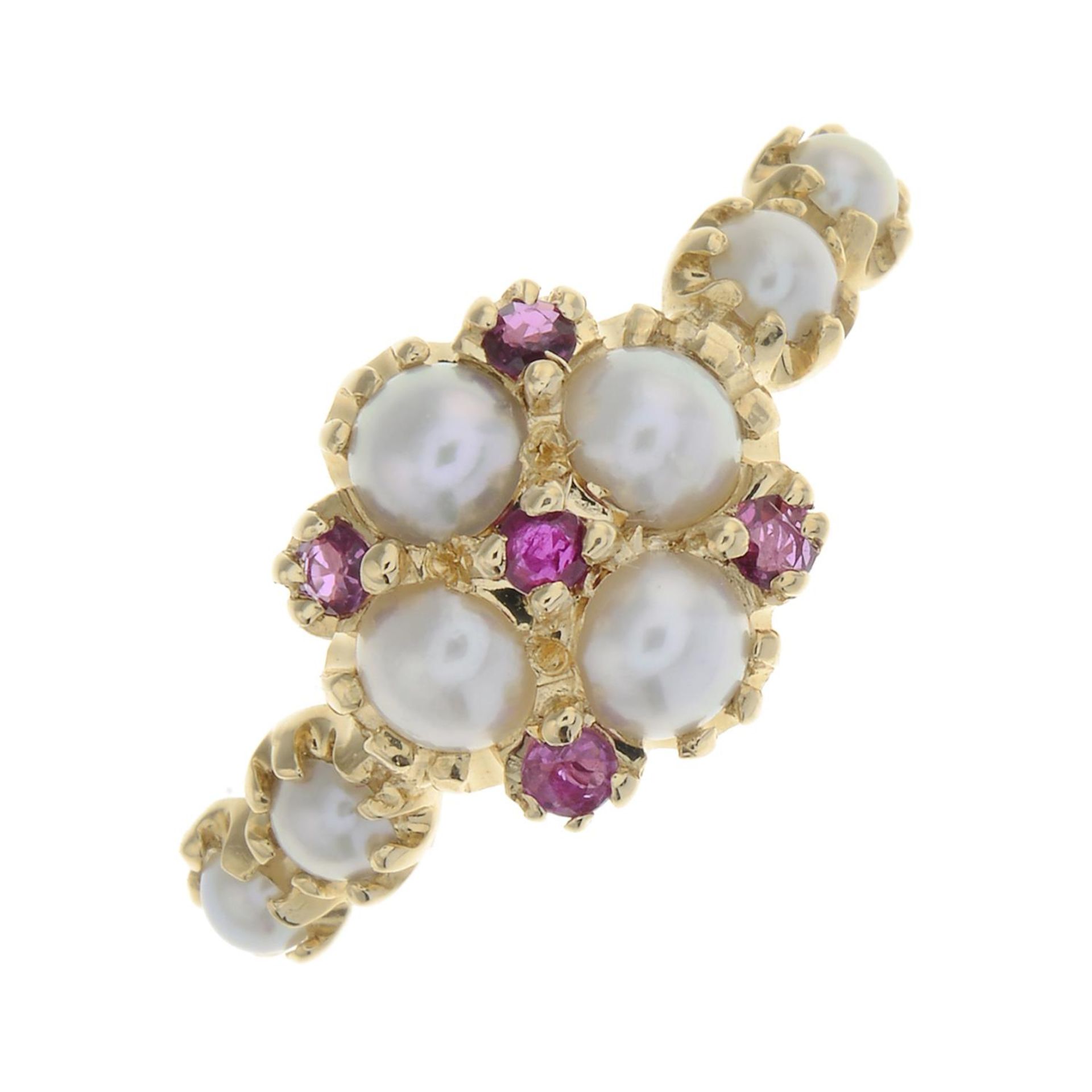 A 14ct gold split pearl and ruby dress ring.