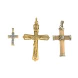Three 9ct gold cross pendants.Estimated total diamond weight 0.10ct.Hallmarks and import marks for
