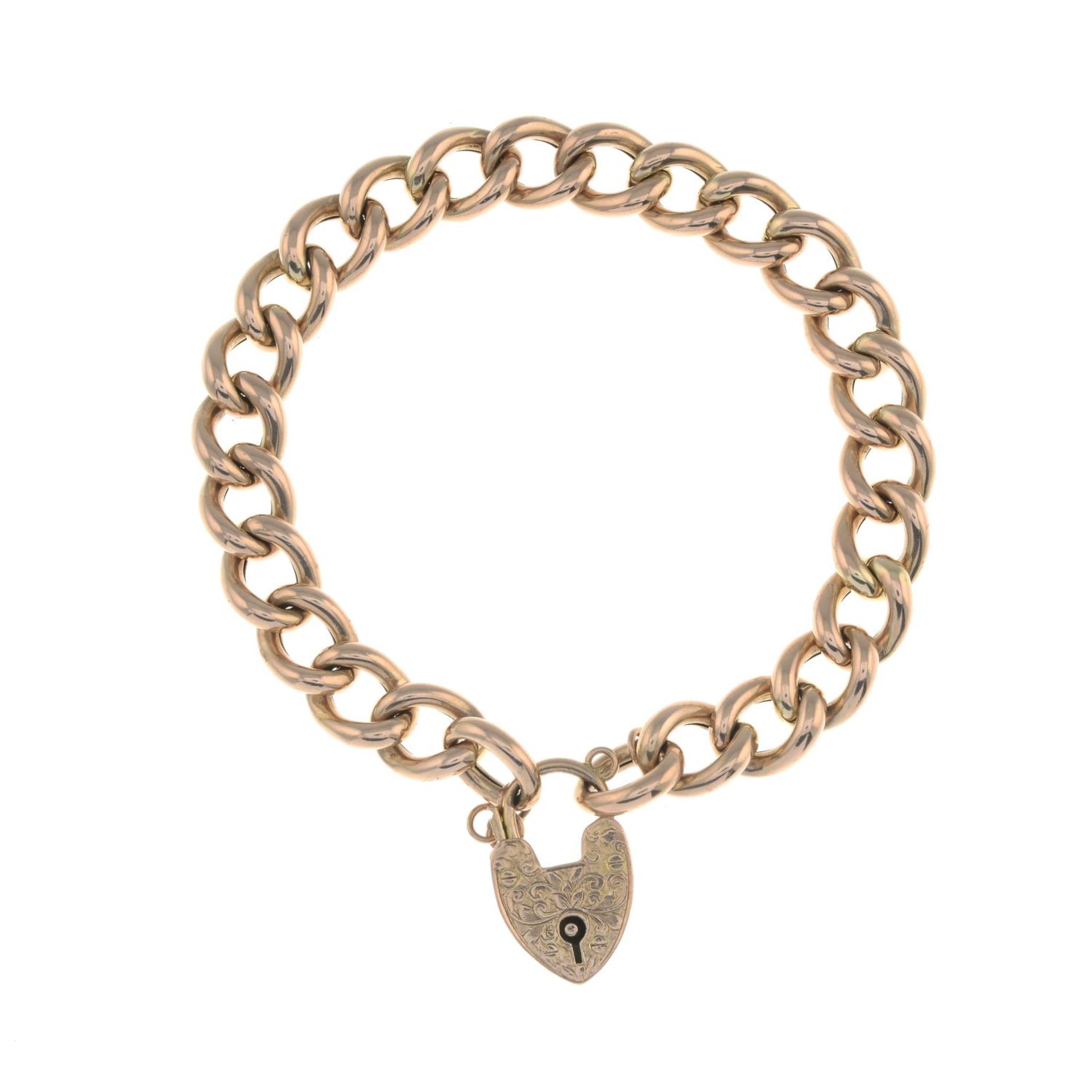 A curb-link bracelet, gathered at a padlock clasp, with foliate detail.Stamped 9C.