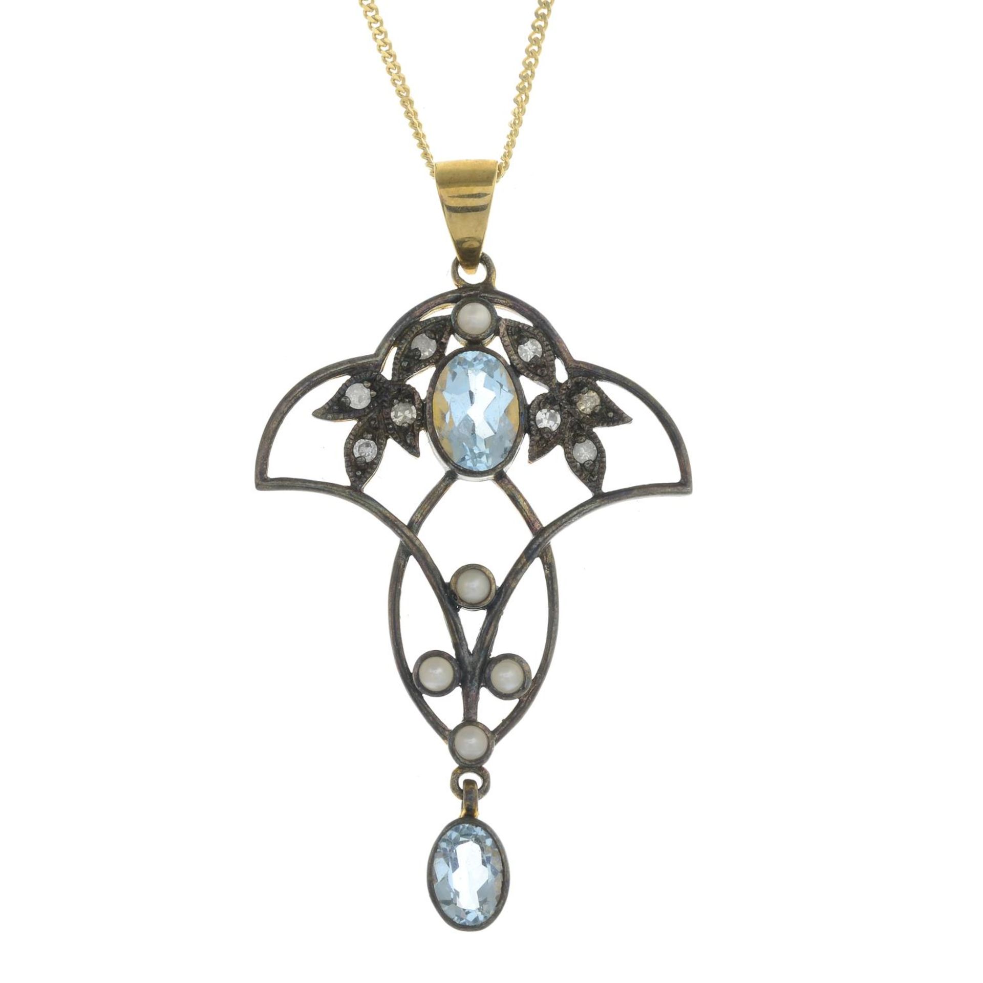 A blue topaz, diamond and seed pearl pendant,