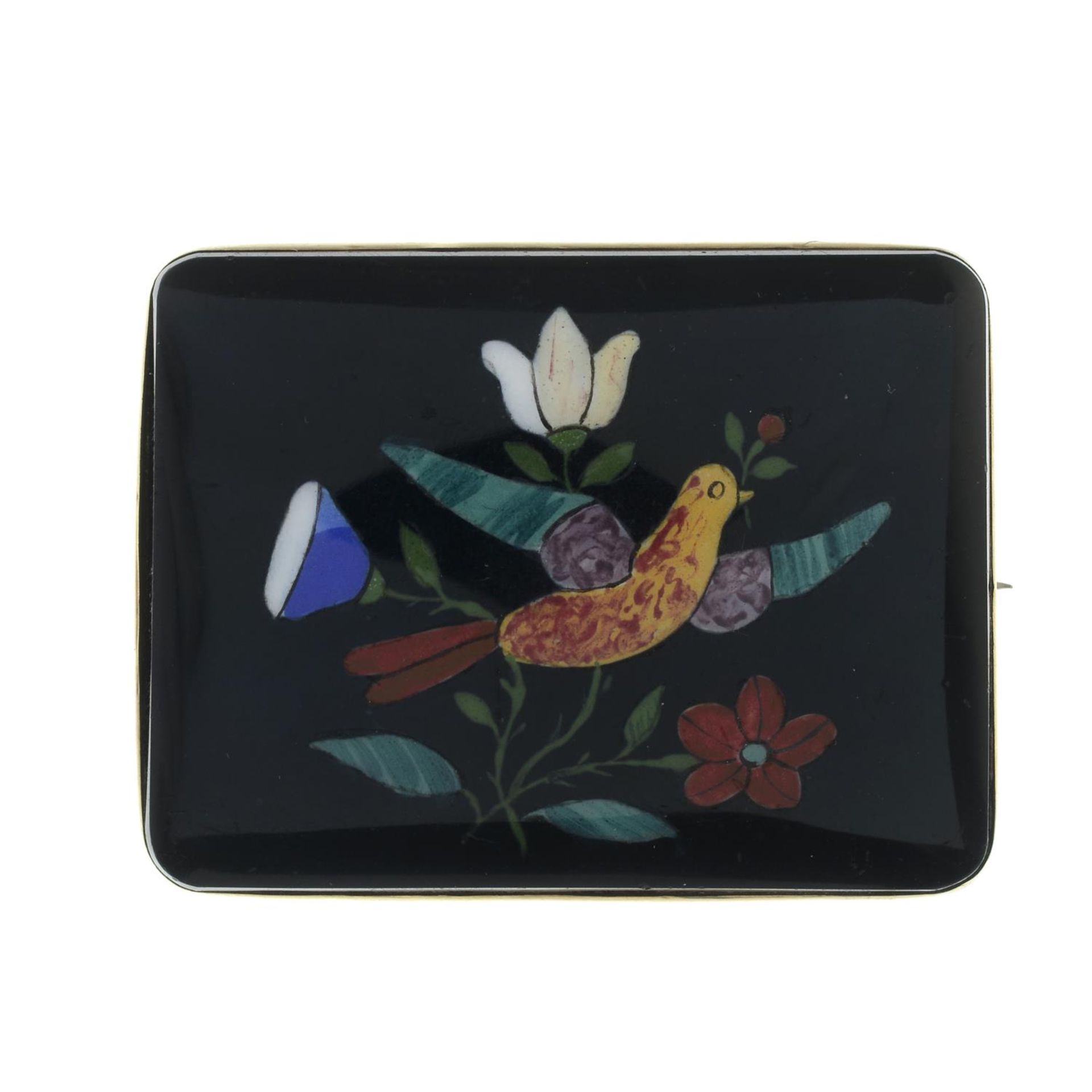 A polychrome enamel brooch, depicting bird and floral motif.Length 4.9cms.