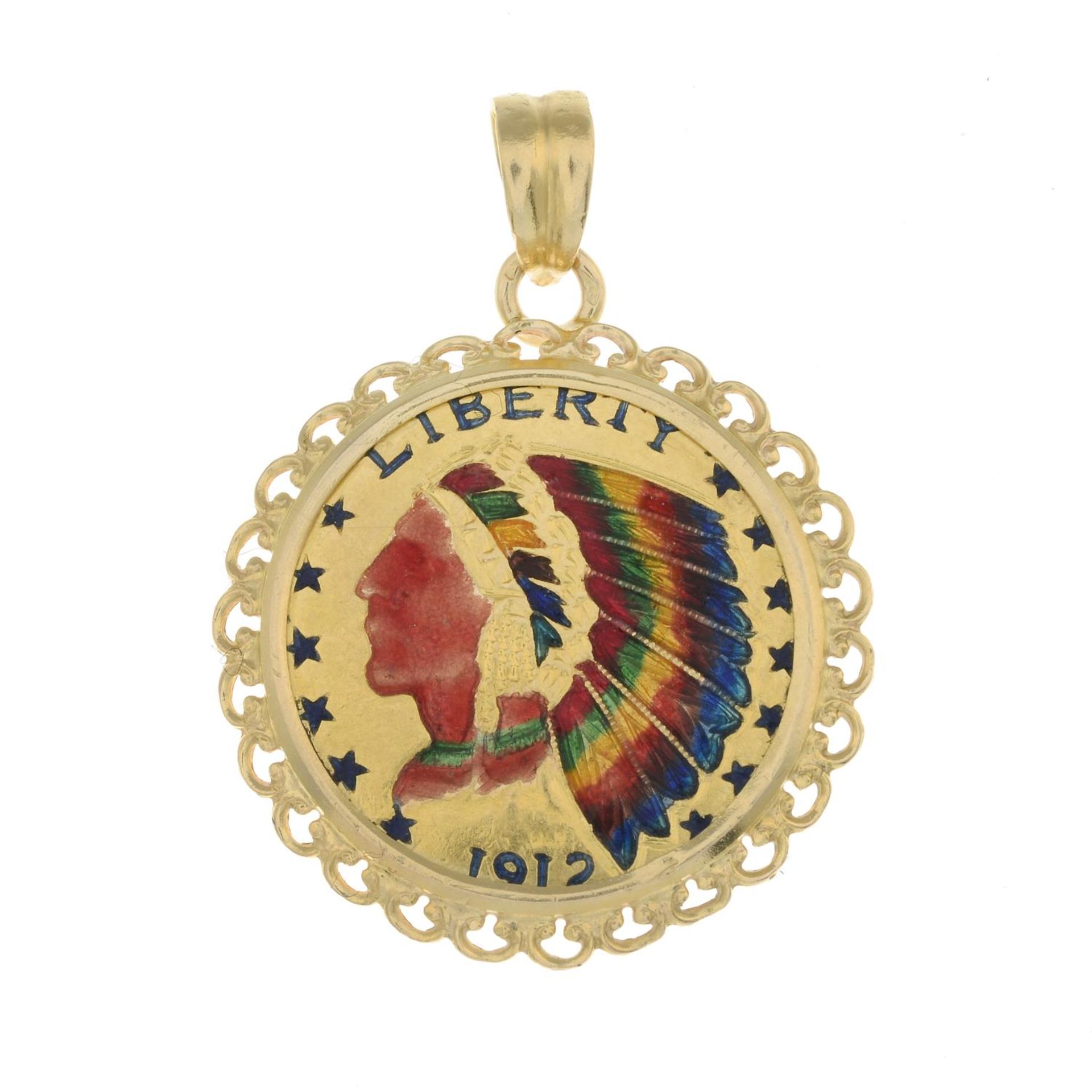 An enamel American liberty coin pendant.Length 3.5cms.