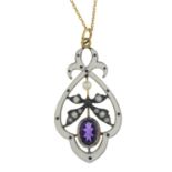 An amethyst, seed pearl and enamel pendant, with chain.Chain stamped 375.