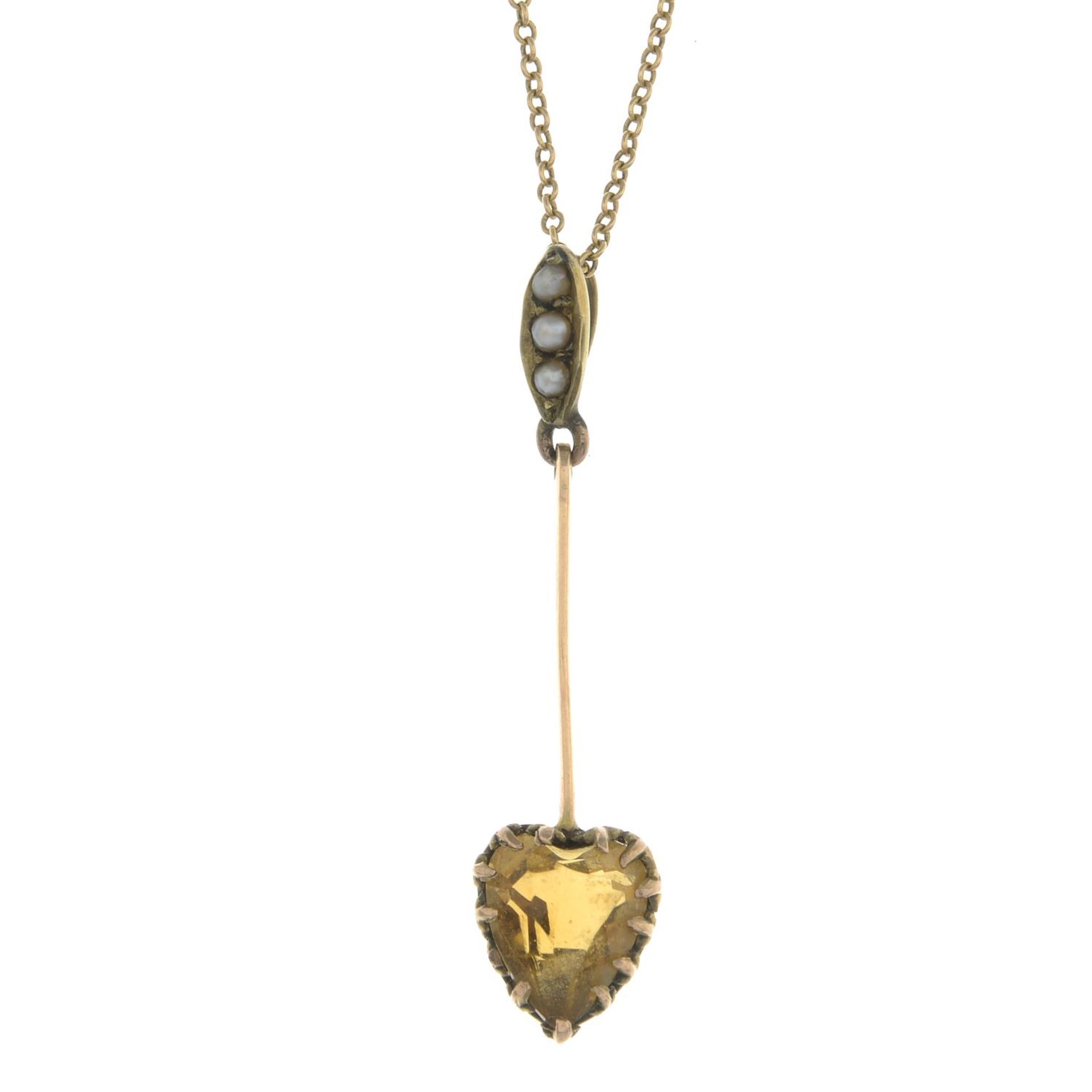 An early 20th century gold citrine and split pearl pendant,