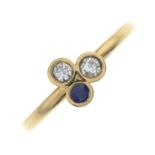 A 9ct gold diamond and sapphire trefoil ring.