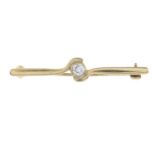 A 1980s 9ct gold diamond bar brooch.Estimated diamond weight 0.20ct, H-I colour, SI clarity.