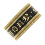 A late Georgian 18ct gold and enamel mourning ring.Hallmarks for 18ct gold, partially indistinct.