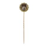 A late Victorian 15ct gold rock crystal reverse intaglio stickpin,