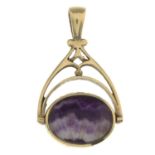 An early 20th century 9ct gold Blue John fluorite fob.Hallmarks for Sheffield, 1923.Length 3.9cms.