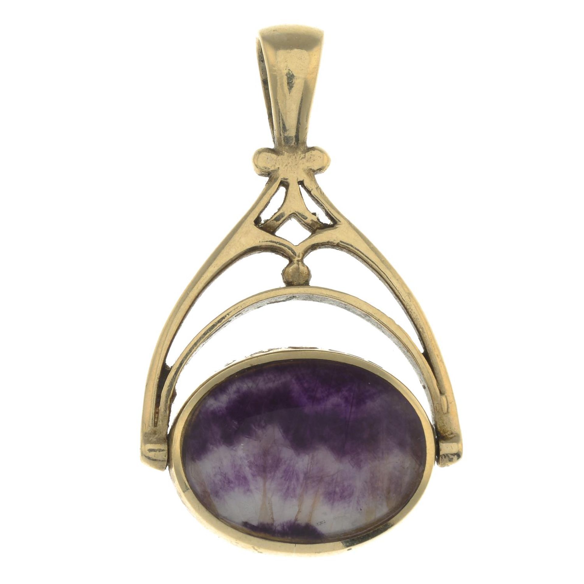 An early 20th century 9ct gold Blue John fluorite fob.Hallmarks for Sheffield, 1923.Length 3.9cms.