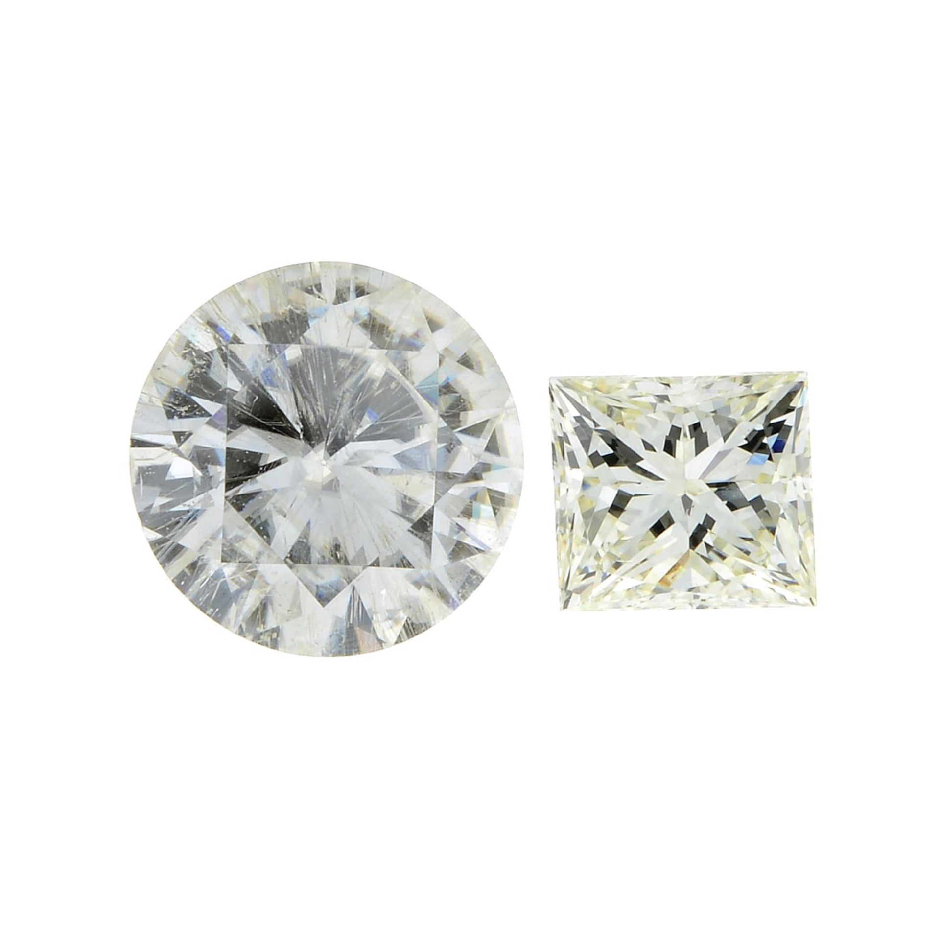 A square-shape diamond, and a circular-shape synthetic moissanite.