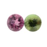 A selection of circular-shape pink and green tourmalines.