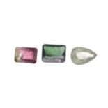 Three vari-shape parti-coloured tourmaline.