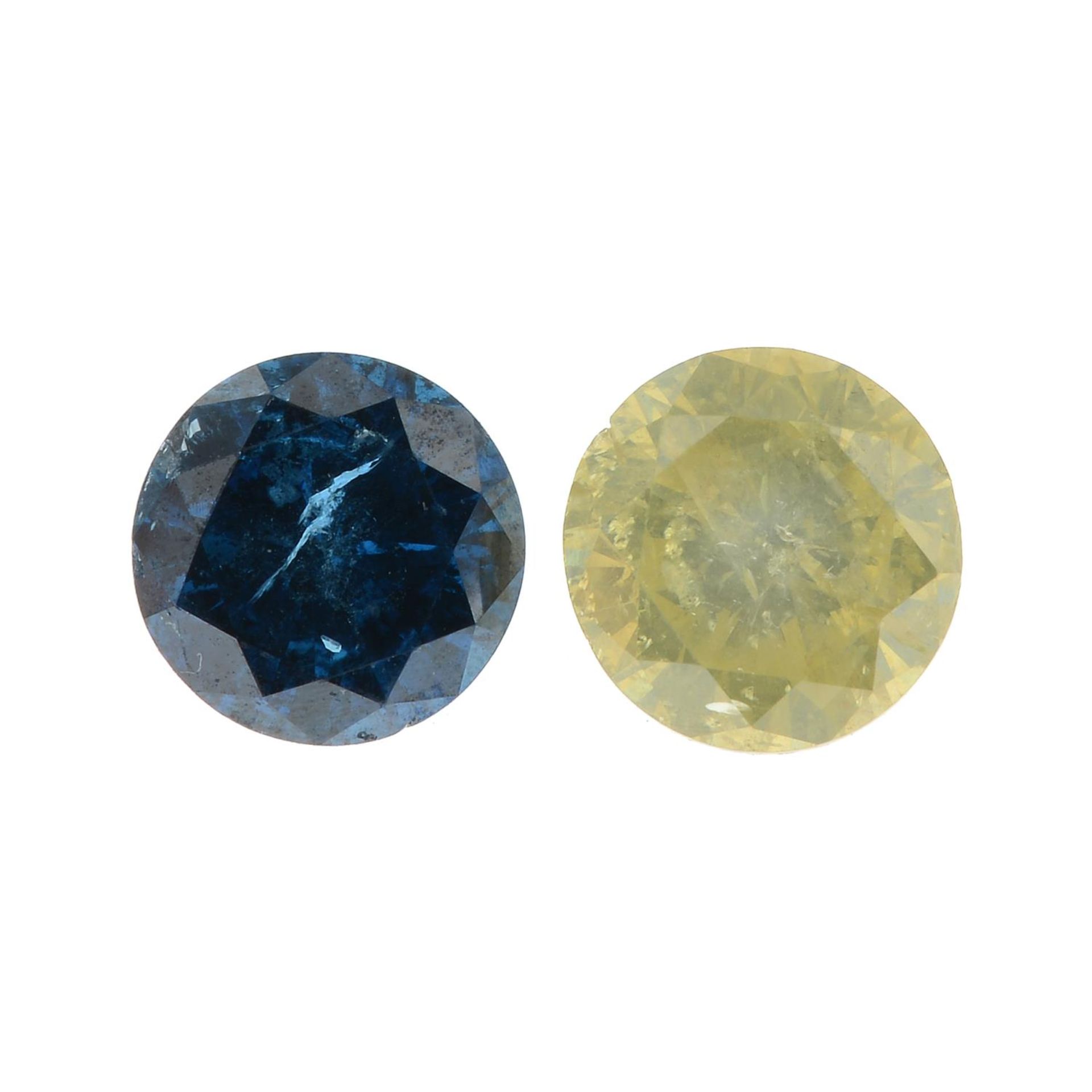A brilliant-cut 'yellow' diamond and a brilliant-cut 'blue' diamond.