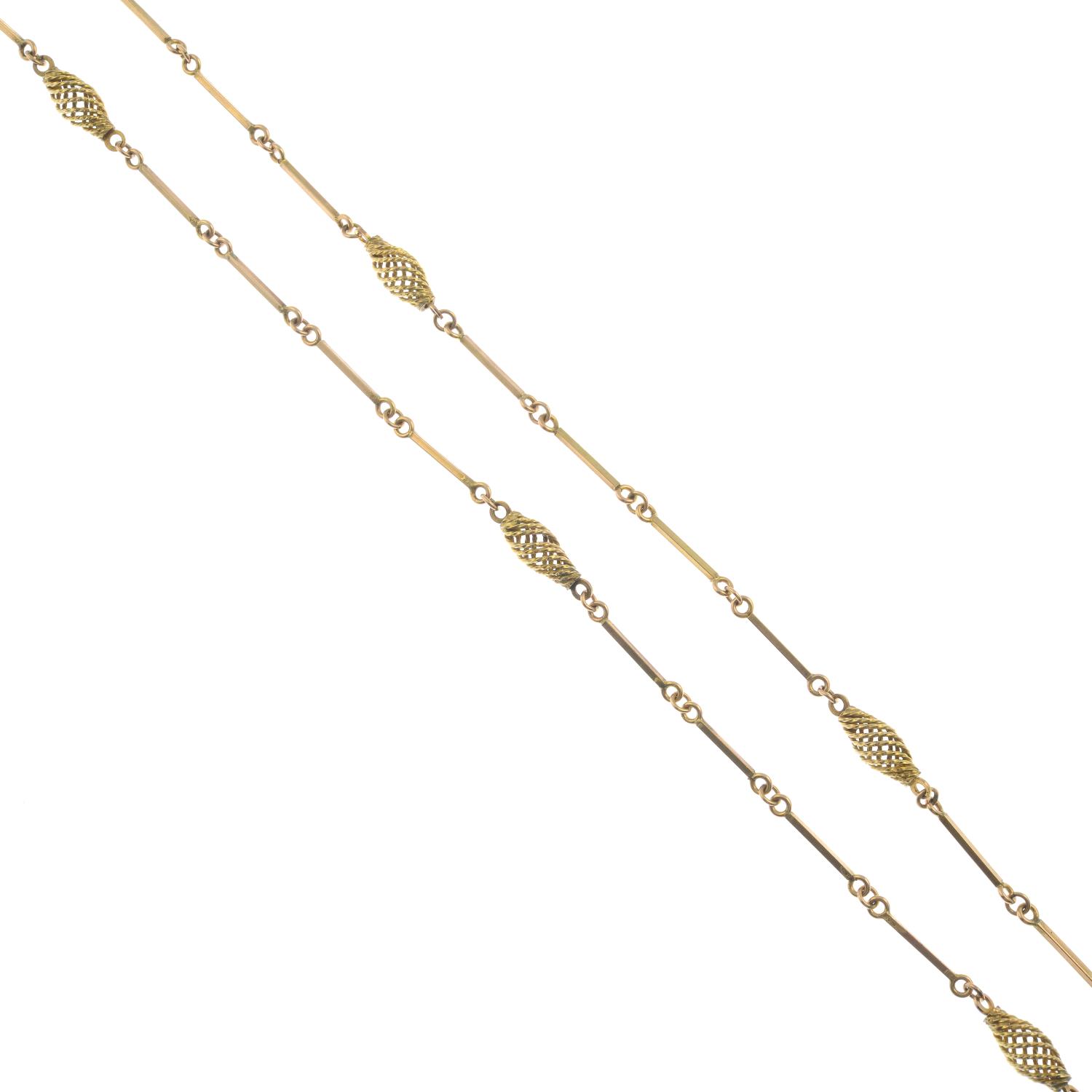 A 9ct gold fancy-link necklace.Import marks for 9ct gold.