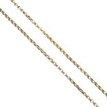 A 9ct gold longuard chain.Hallmarks for 9ct gold, partially indistinct.