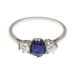 A sapphire and old-cut diamond three-stone ring.Estimated total diamond weight 0.30ct,