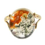 A 9ct gold moss agate signet ring.Hallmarks for Birmingham, 1985.Ring size K1/2.
