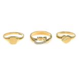 Three 9ct gold rings.Hallmarks for 9ct gold.