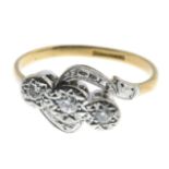 A mid 20th century diamond three-stone ring.Estimated total diamond weight 0.15ct,