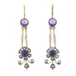 A pair of amethyst, diamond and split pearl earrings.Length 4.9cms.