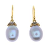 A pair of diamond and cultured pearl earrings.Estimated total diamond weight 0.10ct.Length 2.7cms.