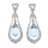 A pair of blue topaz and diamond drop earrings.Estimated total diamond weight 0.40ct.